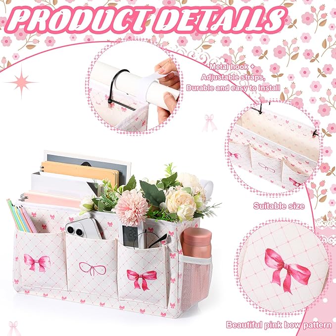 Pink Bow Bedside Caddy, Cute Bow Bedside Organizer, Pink Coquette Aesthetic Hanging Storage Caddy Bag with Fixed Strap and Water Bottle Holder for Home, College, Dorm, Bunk, Hospital, Bed Rail