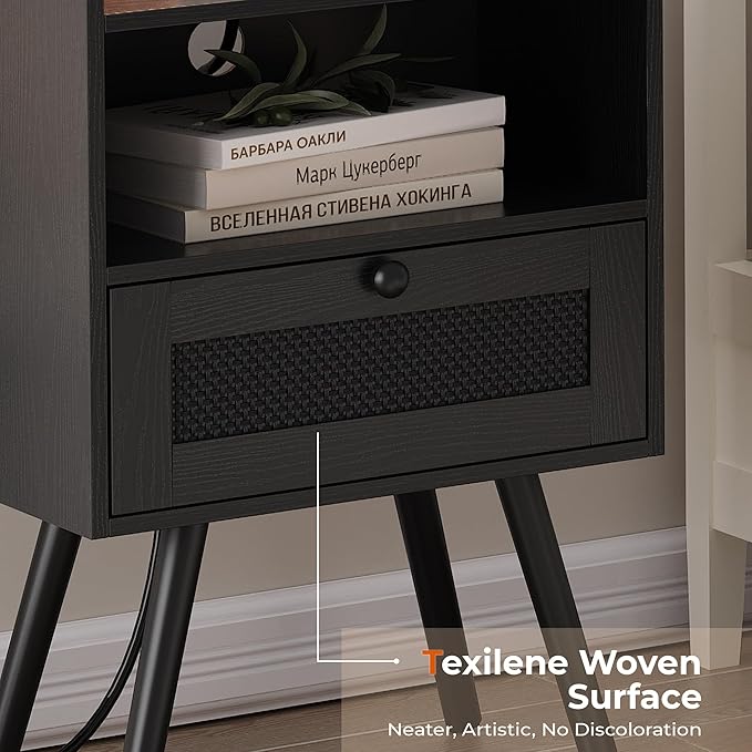 SUPERJARE Nightstand with Charging Station, Bedside Table with Texilene Surface Drawers, Rattan Side Table with Storage & Solid Wood Feet, End Table for Bedroom, All Black