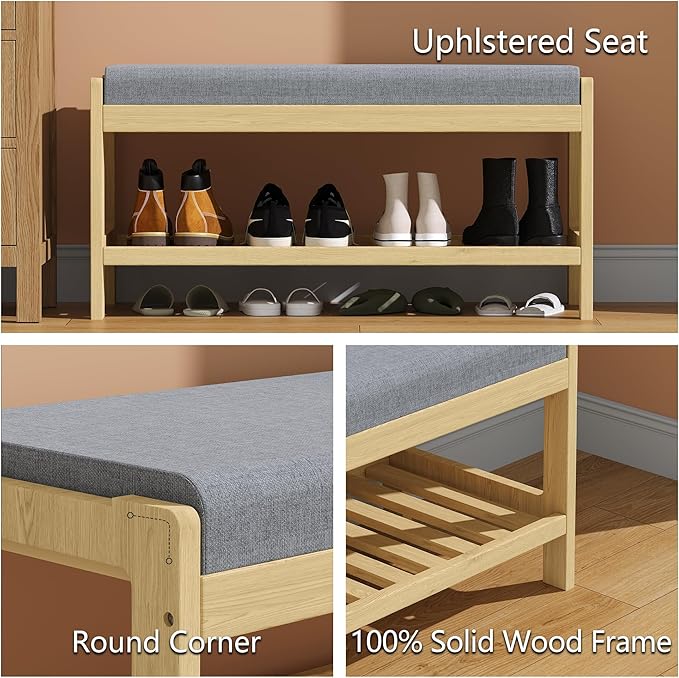 Shoe Bench Entryway, Solid Wood 2-Tier Shoe Rack Bench with Padded Seat, Shoe Organizer for Hallway Living Room, Mudrooms, Natural