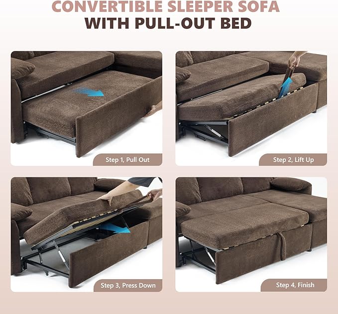 VINGLI Convertible Sofa Bed Couches for Living Room, Sleeper Sofa with Pull Out Couch Bed, Cloud-Like Plush Fleece L-Shape Sectional Couch with Storage Chaise, USB Charging, Side Pockets (Dark Brown)