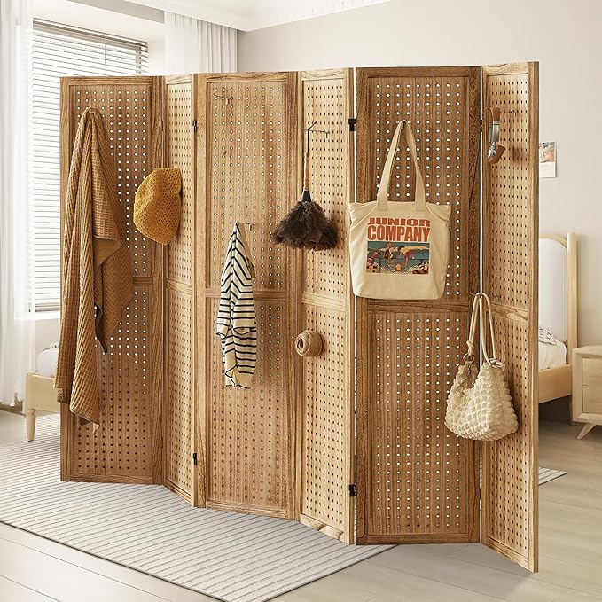 6 Panel Pegboard Display with 24 Hooks, Pegboard Room Divider and Folding Privacy Screens, Partition Room dividers, Wooden Room Divider Wall, Jewelry Store, Bedroom, Balcony, Light Brown