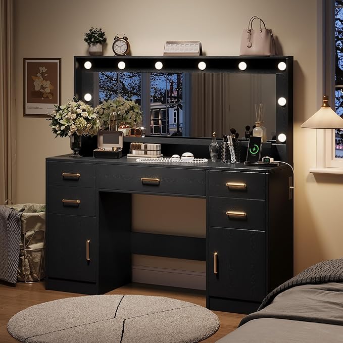 44.8" Large Vanity Desk with Lighted Mirror & Power Outlet, Black Makeup Vanity Desk with Mirror and Lights, Black Vanity Table with 5 Drawers and 2 Cabinets, Dressing Table for Bedroom