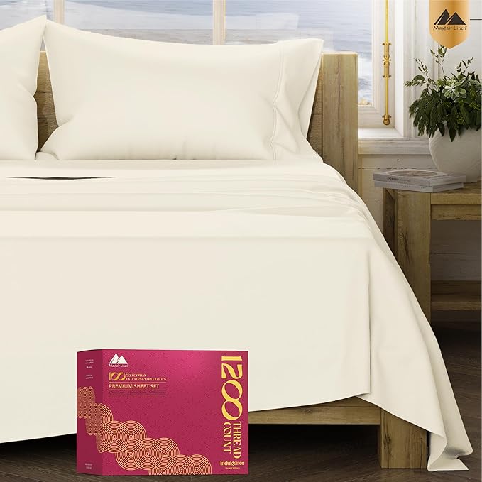 Mayfair Linen 100% Egyptian Cotton Full Size Bed Sheets - Luxury 1200 Thread Count Egyptian Cotton Sheets Full Size Bed Set (4 PC, Ivory), Silky Soft, Cooling, 17" Deep Pocket Sateen Weave Bedding
