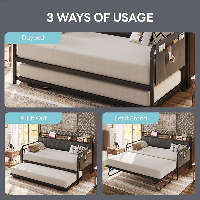 LIKIMIO Daybed with Trundle Bed, Twin Bed Frame with Storage Headboard and Charging Station, Sofa Day Bed with Strong Supports for Living Room, Bedroom, and Guest Room, Grey