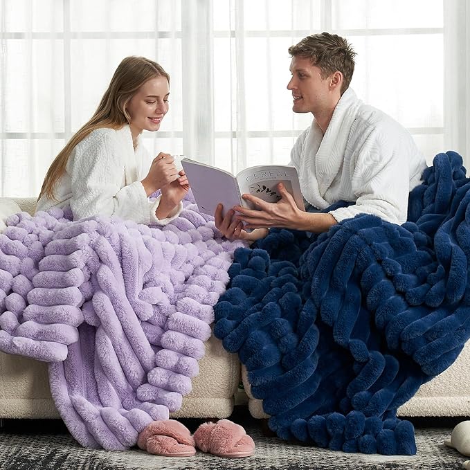 Cozy Bliss Faux Fur Throw Blanket for Couch, Cozy Warm Plush Striped Blanket for Sofa Bedroom Living Room, 90 * 90 Inches Navy Blue
