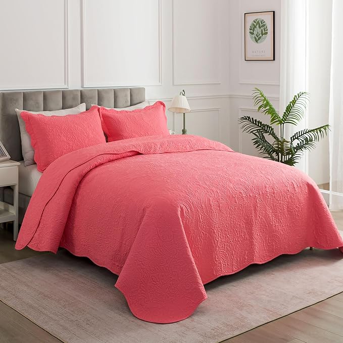 HoneiLife Quilt Sets King Size - Microfiber Bedspreads for King Bed, 3-Piece Lightweight Coverlets, Retro Bedlinen Sets, King Quilt Bedding Set All Season Use-Sugar Coral
