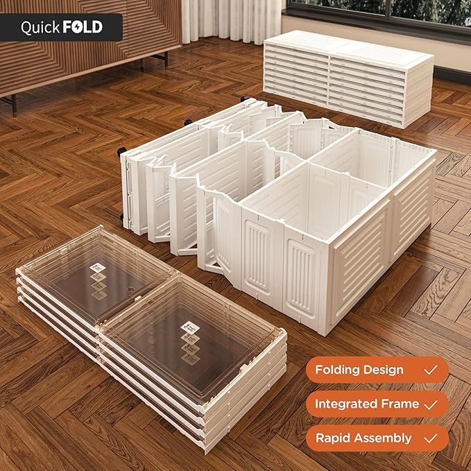 10 Cubbies Handbag Storage Organizer for Closet, Purse Organizer Cabinet with Magnetic Doors & Wheels, Foldable One-Piece Transparent Storage Box for Bags, Boots, Clothes, Toys, Books