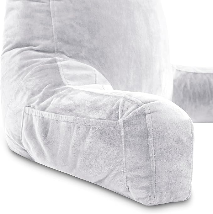 Husband Pillow XXL – Reading Pillow Bed Chair with Arms & Back Support – Light Grey - Back Pillow for Beds Sitting Up – Bed Rest Arm Pillow – Comfy Reading Pillow for Adults