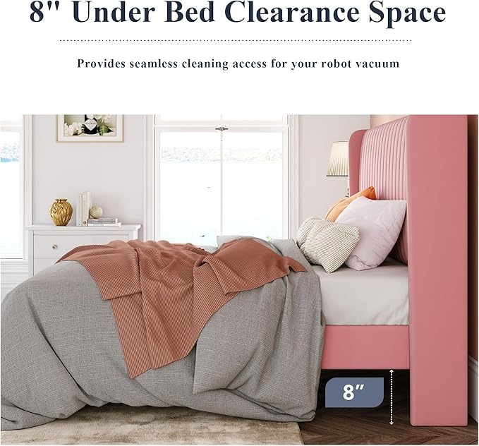 Allewie Full Size Velvet Bed Frame/Vertical Channel Tufted Wingback Headboard/Upholstered Platform Bed/Strong Wooden Slats/No Box Spring Needed/Easy Assembly/Pink