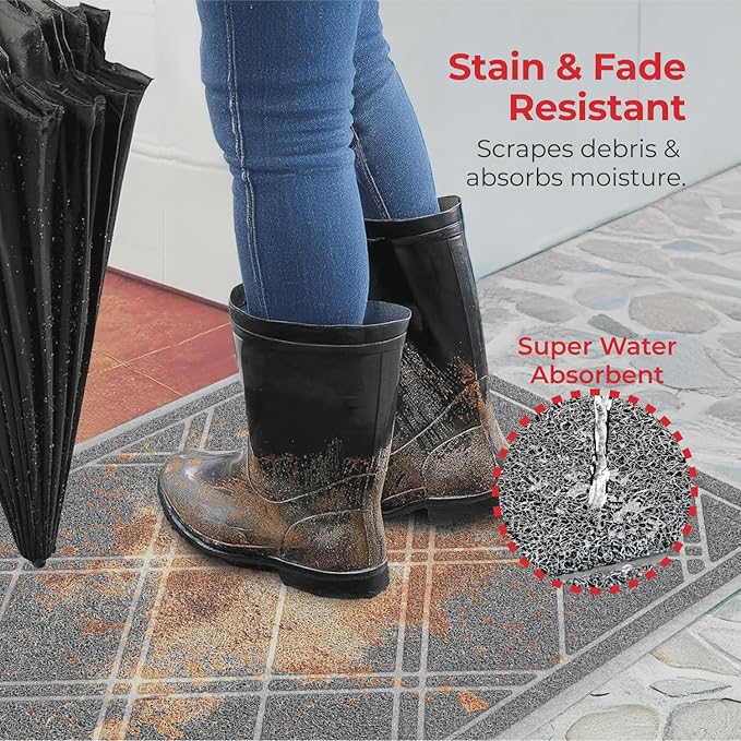 SlipToGrip Durable Door Mat - Grey Plaid Design Entryway Rug - 35x23 inches, No-Slip and Washable - Indoor and Outdoor Use, Weatherproof - Ideal for Garage, Patio, and Front Entryway