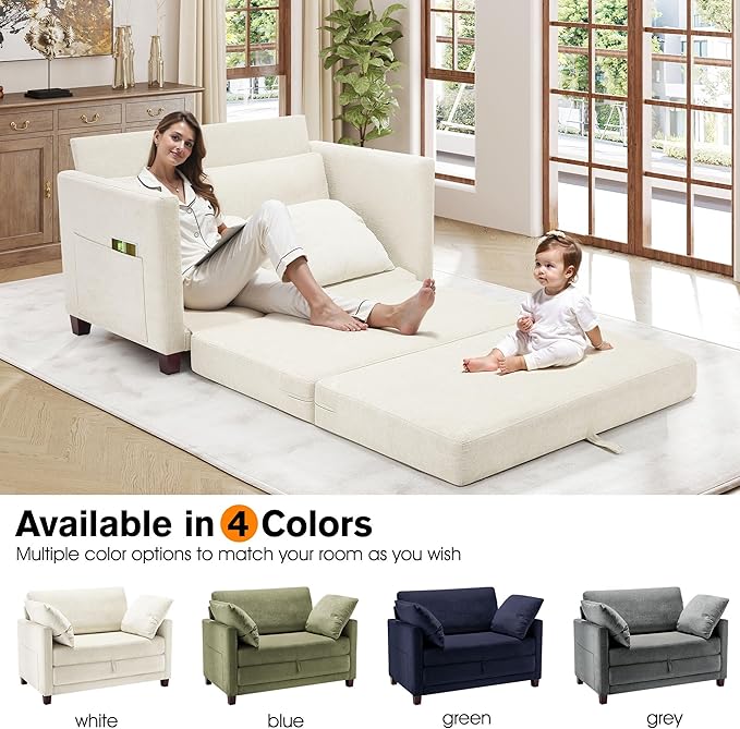 51" Loveseat Sleeper Sofa Bed, Chenille Convertible Floor Sofa Bed for Small Spaces, Folding Couch Bed with Deep Seat, 2 Pillows & Solid Frame, Pull Out Floor Couch for Living Room, Beige