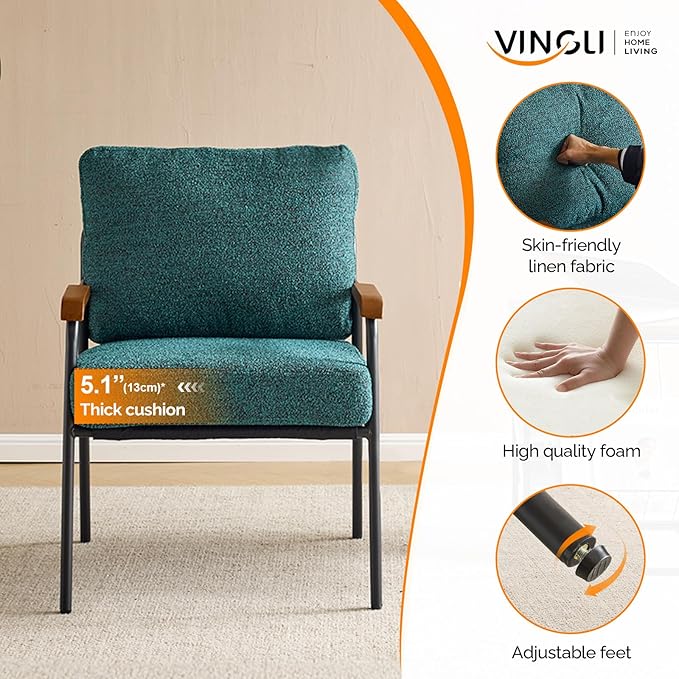 VINGLI Mid-Century Modern Accent Armchiars Set of 2 for Small Space, Small Comfy Upholstered Leisure Reading Chairs with Wood Armrests for Bedroom, Living Room, Waiting Room, Linen Dark Green