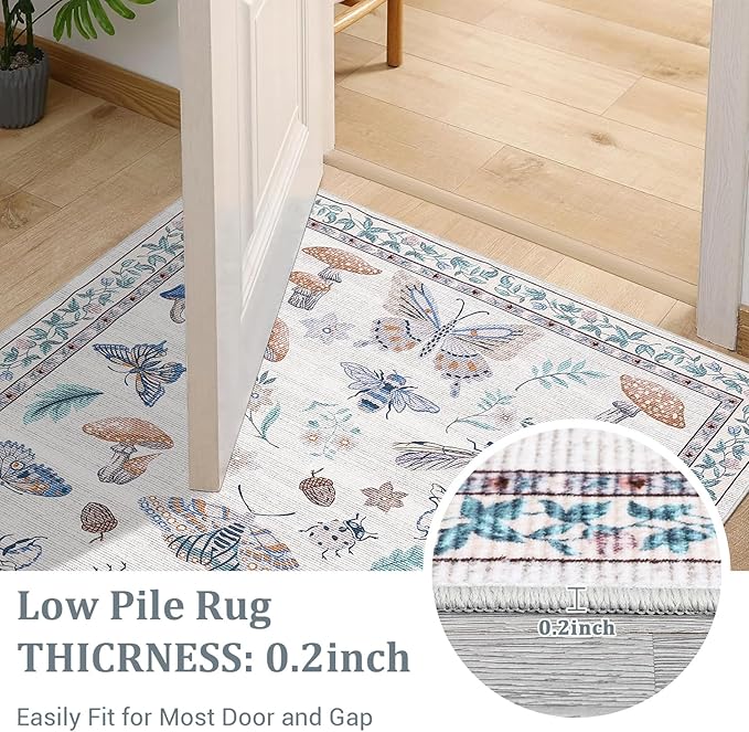 Washable Rug 5x7 Area Rugs for Living Room, Mushroom Insect Rug for Bedroom, 5x7 Rug Non Slip Throw Rugs with Rubber Back, Low Pile Stain Resistant Modern Carpet for Dining Room Dorm,Beige