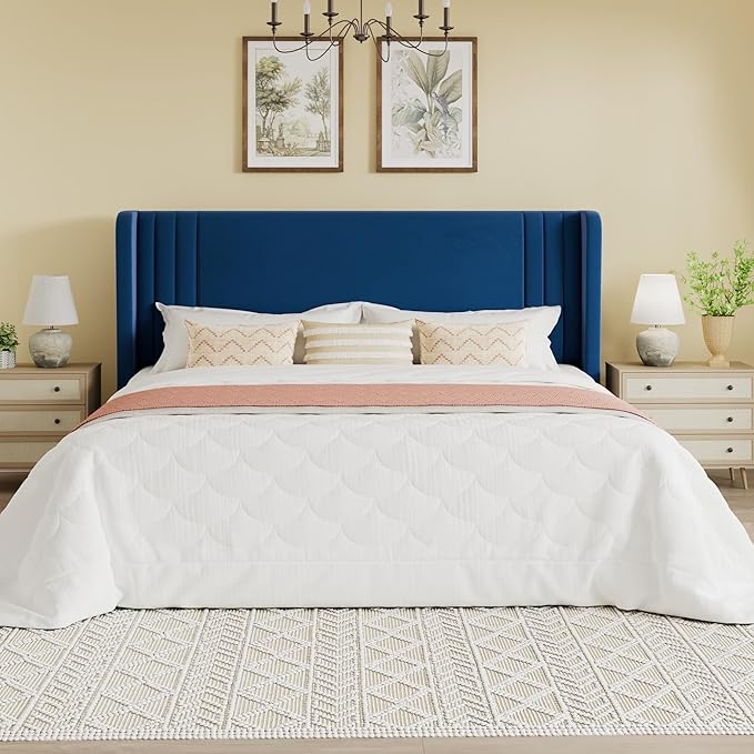 SHA CERLIN King Size Velvet Upholstered Platform Bed Frame with Vertical Channel Tufted Wingback Headboard, Wooden Slats Support, Easy Assembly, Under Bed Storage, No Box Spring Required, Blue