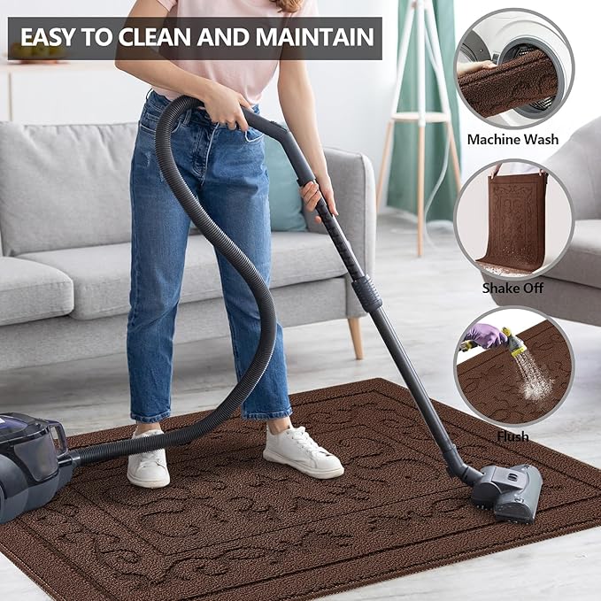 FONEYI Indoor Door Mat, Front Back Door Mat 36" x 59" Non-Slip Rubber Backing Door Rug, Machine Washable Entry Rug, Low Profile Absorbent Dirt Trapper Doormat Inside Floor Mats for Entryway, Coffee