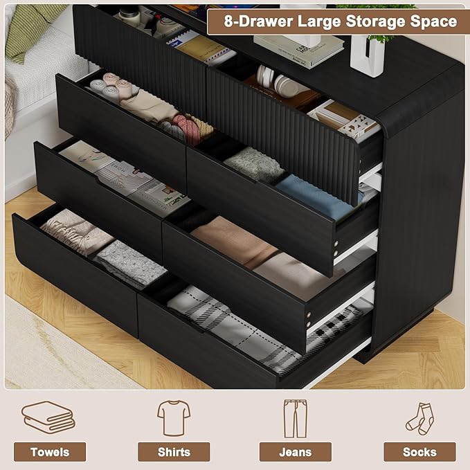 8 Drawer Dresser and 2 Nightstand Sets for Bedroom 3 Pcs Bedroom Set, Modern 39.4" Fluted Dresser with Invisible Handles Nightstand Charging Station, Bedroom Furniture Set for Living Room, Black