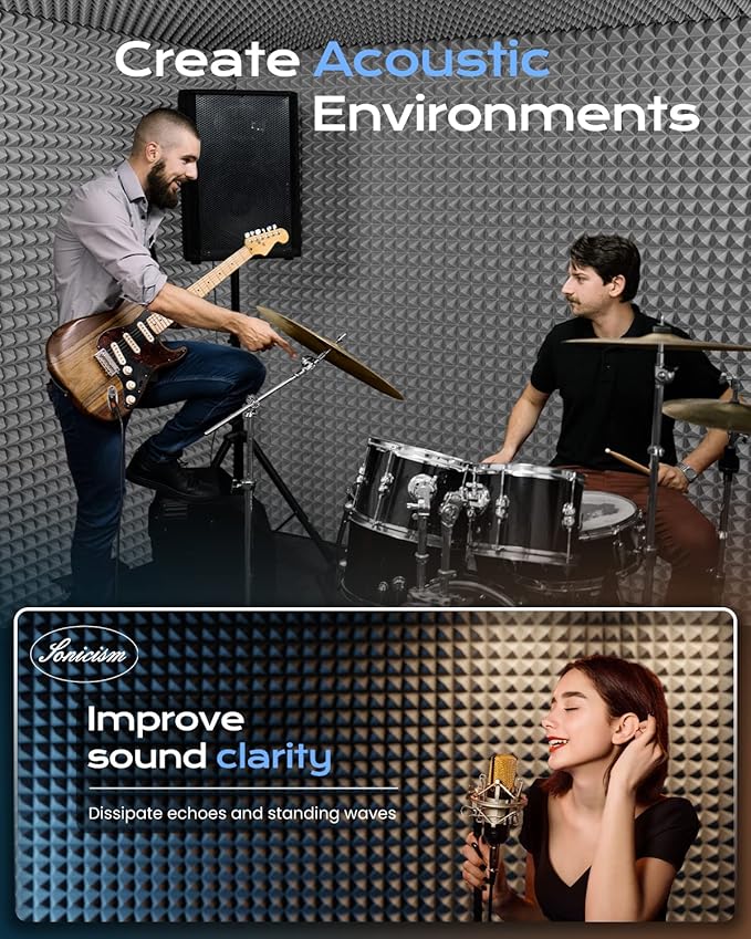 Sonicism Sound Proof Foam Panels for Walls Pyramid 48 Pack Self-Adhesive, 1" X 12" X 12" Acoustic Panels of 35kg/m³High Density Soundproof Wall Panels Fast Expand,Sound Absorption and Decoration(Gray)