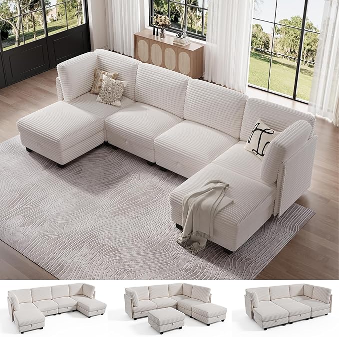 Modular Sectional Sofa with Adjustable Backrest, Convertible L/U-Shaped Sleeper Couch for Living Room, Cloud Sofa Bed Modern Reversible Design, White