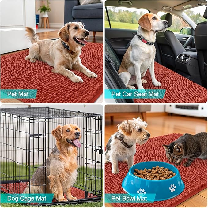 OLANLY Dog Door Mat for Muddy Paws 36x24, Absorbs Moisture and Dirt, Absorbent Non-Slip Washable Doormat, Quick Dry Chenille Mud Mat for Dogs, Entry Indoor Entryway Carpet for Inside Floor, Maple Red