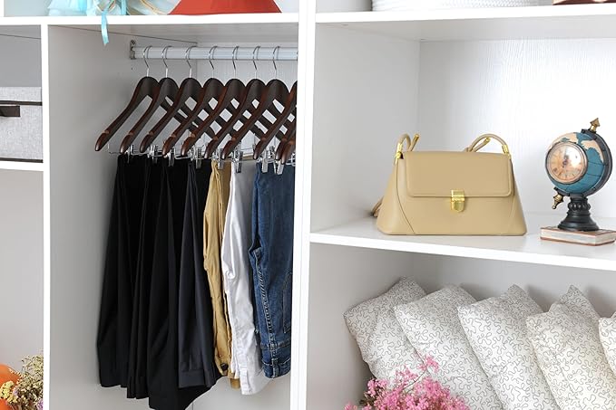 Quality Wooden Skirt Hangers with Clips Smooth Solid Wood Pants Hangers with Durable Adjustable Metal Clips, Swivel Hook, Coat, Jacket, Blouse Suit Hangers (Walnut - Chrome Hook, 20)