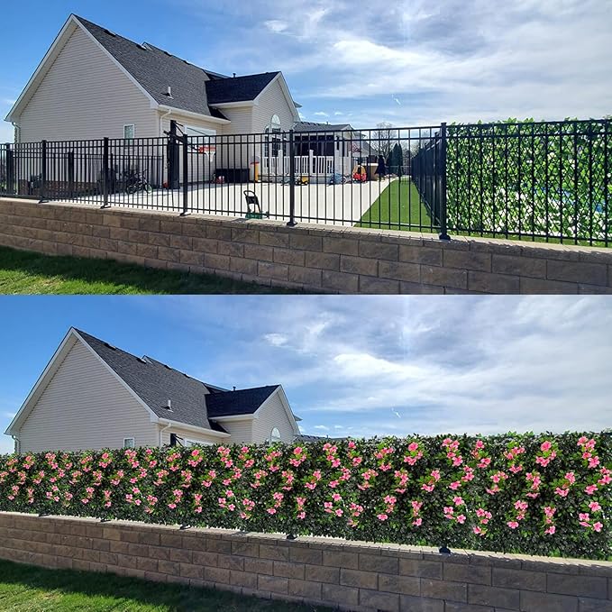 Sumery Expandable Fence Privacy Screen for Balcony Patio Outdoor,Decorative Faux Ivy Fencing Panel,Artificial Hedges (Single Sided Leaves) (1, Branches -Pink Fowers)