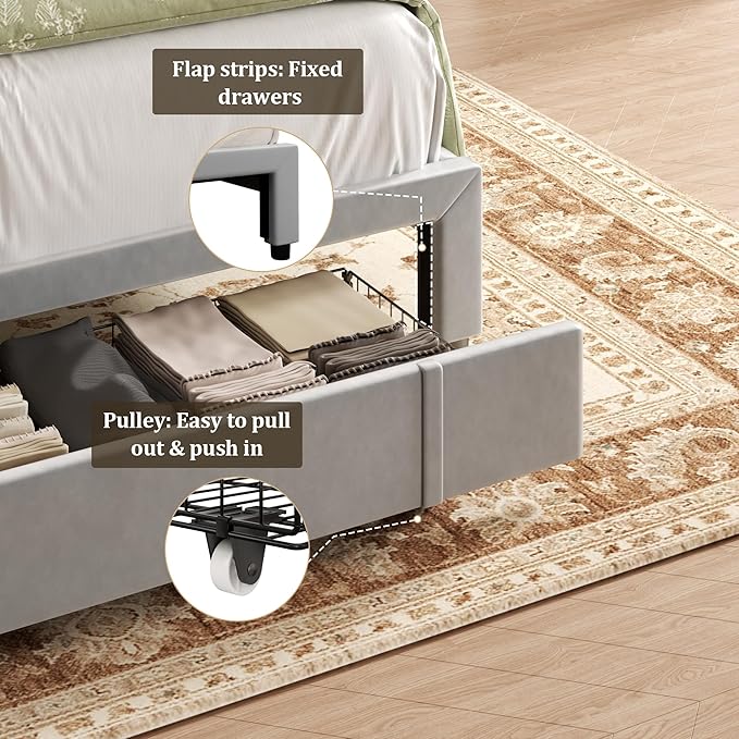 Full Bed Frame with Storage Drawers, Upholstered Full Size Platform Bed with 47" Tall Headboard and Wingboard, No Box Spring Needed, Noise Free, Easy Assembly, Wooden Support Slats, Light Grey