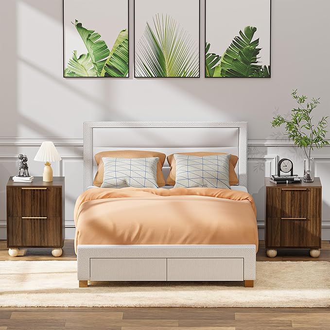 Fluted Nightstand, Walnut Finish Bedside Table with Spacious Storage Drawers, Night Stand with Solid Wood Round Legs for Bedroom, End Table, Side Table