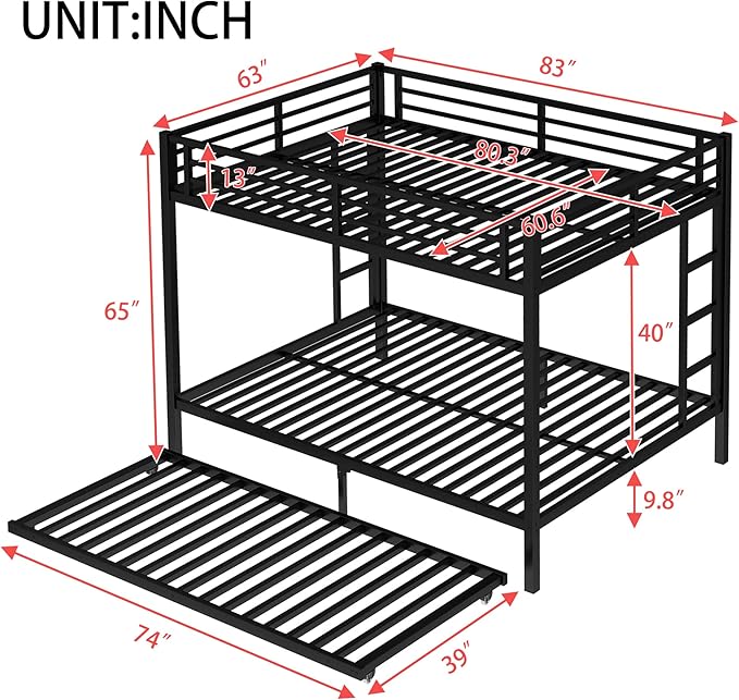 Upgraded Version Thicken Stronger Metal Heavy-Duty Queen Over Queen Bunk Bed with Twin Size Trundle, Bunk Bed Queen Size for Adults with Ladders, Easy Assemble (Queen/Queen)