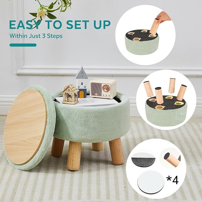 FIMIVIBI Small Foot Stool Ottoman with Storage, Soft Faux Fur Ottoman Foot Rest for Couch, Round Footstool with Storage, Small Ottomans and Footstools for Living Room and Entryway (Light Green)