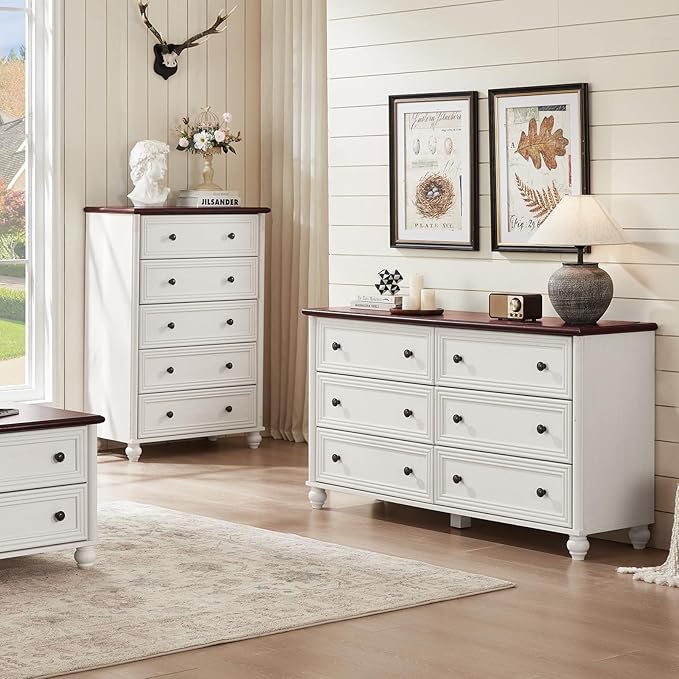 Farmhouse Dressers & Night Stand Set of 4, Wood 54" Wide Dresser & 45" Tall Chest of Drawers, 18" with Charging Station Nightstand Set of 2, Bedroom Furniture Dresser Set for Home Living Room Hallway