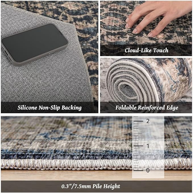 Washable 10x14 Area Rugs for Living Room, Boho Non-Slip Vintage Distress Large Rugs for Bedroom Dining Room Office, 0.3" Neutral Oriental Throw Thin Carpet, Black/Brown/Blue/Multi