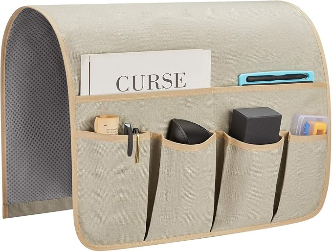 SYSOV Sofa Armrest Organizer, Remote Control Holder for Recliner Couch, Arm Chair Caddy with 6 Pockets for Magazine, Tablet, Phone, iPad (Beige, W19'' x L33'')
