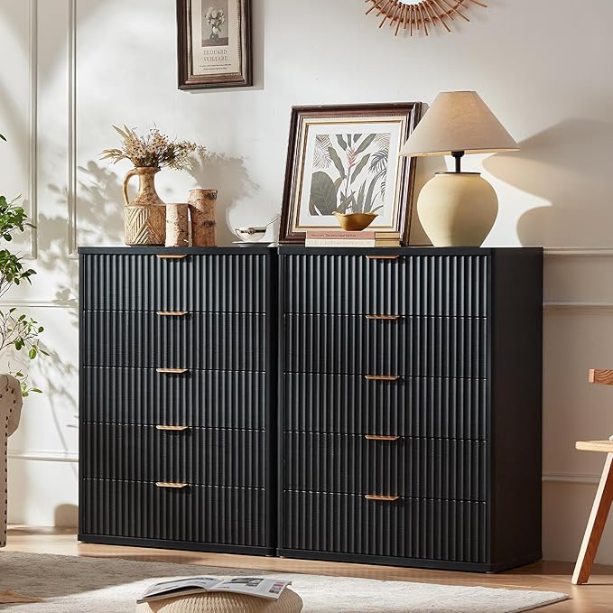 LEYAOYAO Fluted 5 Drawers Dresser Set of 2, 41" Tall Modern Chest of Drawers with Metal Handle, Curved Profile Dresser TV Stand, Wooden Drawer Organizer for Bedroom, Living Room, Hallway, Lightgrey