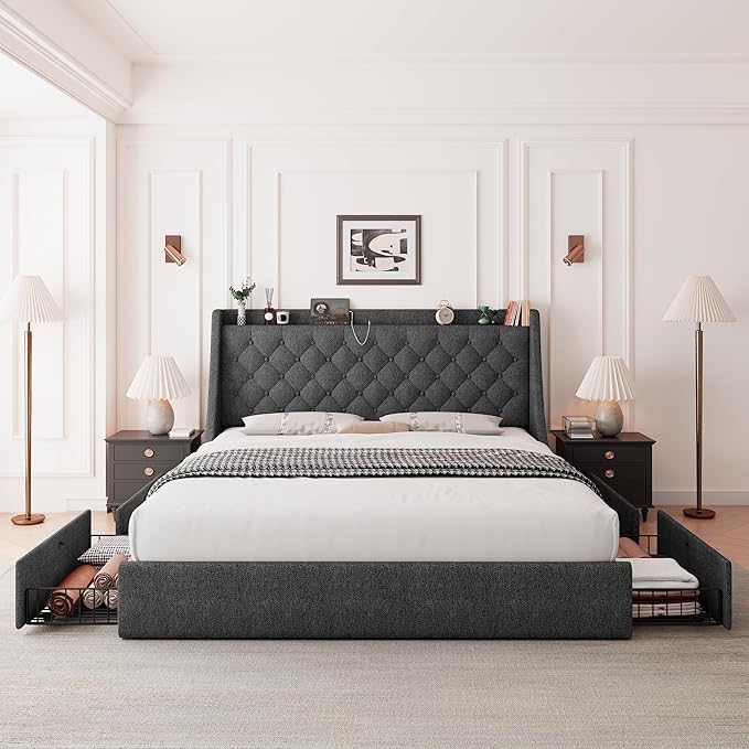 Feonase Queen Bed Frame with 4 Storage Drawers, Upholstered Storage Bed with Charging Station, Tufted Wingback Headboard, No Box Spring Needed, Dark Grey