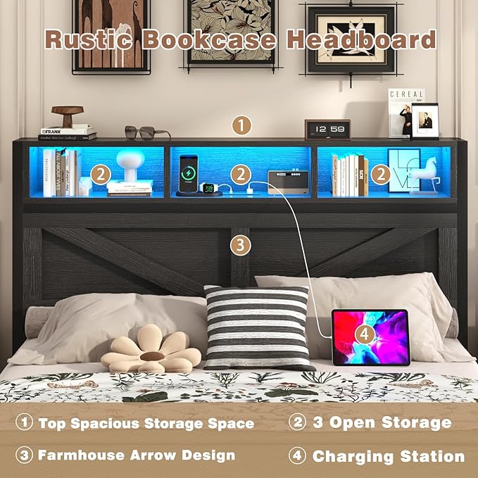 Farmhouse Queen Bed Frame with Bookcase Storage Headboard, Charging Station, LED Light and 2 Storage Drawers, Noise Free, No Box Spring Needed, Black
