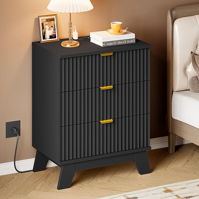 30.5" Nightstand with Charging Station, 3-Drawer Fluted Bedroom Chest, Wood Bedside Dresser with Power Outlets and USB Ports, Metal Slides, Stable Base, Modern Storage Cabinet for Small Spaces