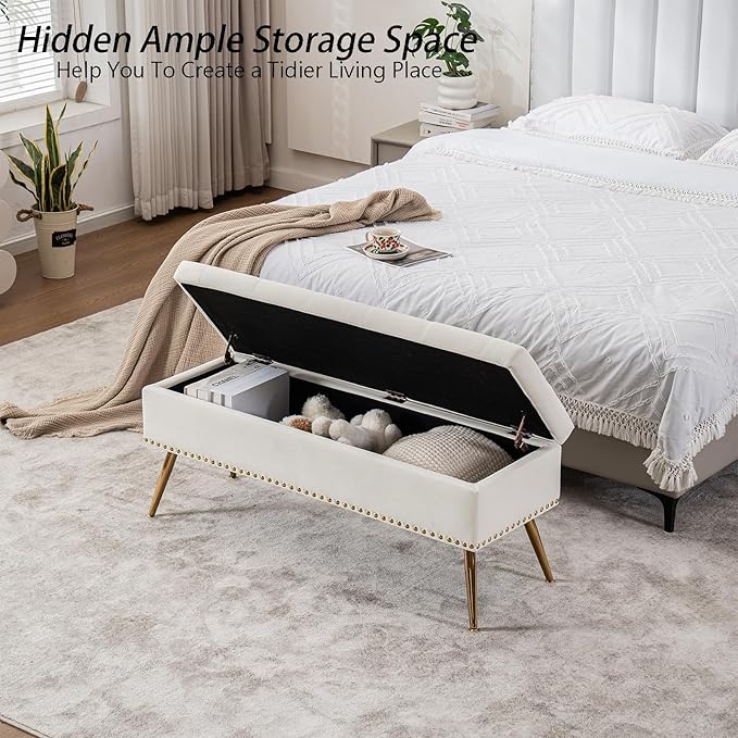 Velvet Storage Bench with Gold Legs& Nailhead Trim, 46" Wide Upholstered Modern Bedroom Bench for End of Bed, Tufted Ottoman for Entryway Living Room Dining Room (Ivory White, 46" Wide)