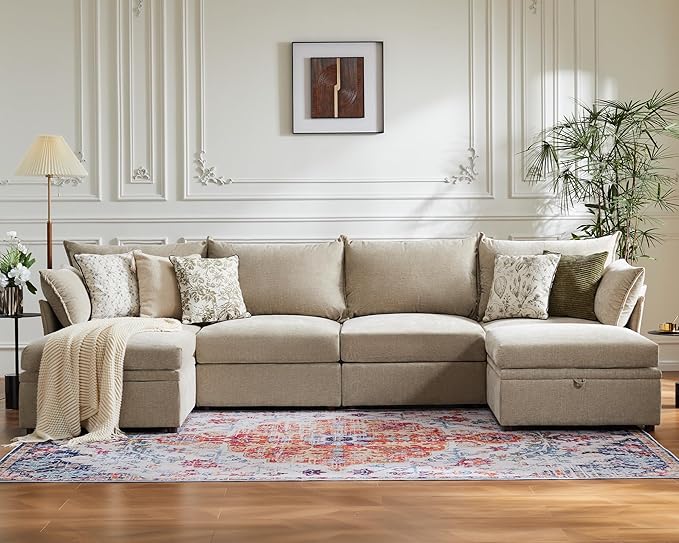 ABCASA 134.6" Oversized Modular Sectional Sofa, 6 Seater U Shaped Couch with Storage Ottoman with Reversible Chaise Deep Seat for Living Room, Apartment - Chenille Beige