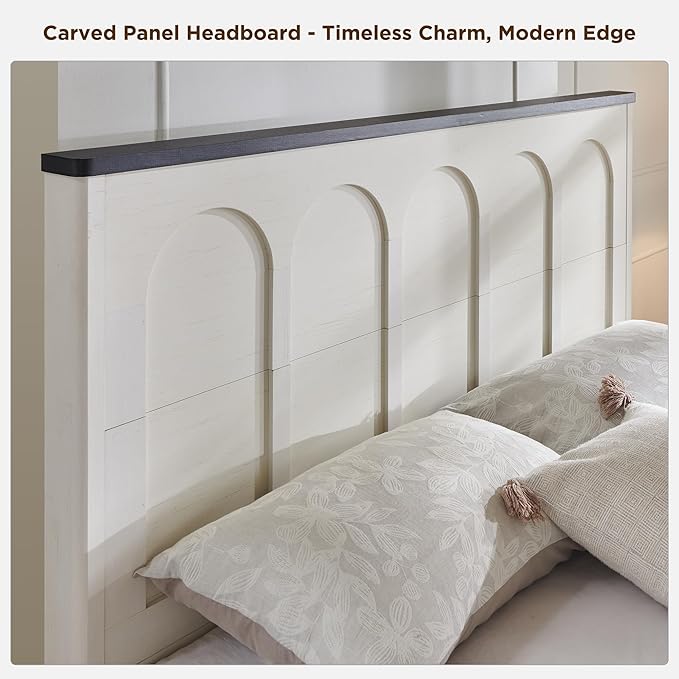 ACCOHOHO Queen Size Bed Frame Modern with 52" Tall Arched Recessed Headboard and 4 Drawers, Solid Wood Slats Support, Wood Platform, Noise Free, No Box Spring Needed, Antique White