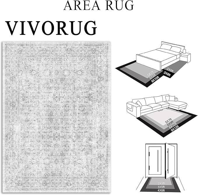 vivorug 5x7 Area Rugs - Ultra-Thin Washable Rug with Non-Slip Backing, Ideal for Living Room, Bedroom, Dining Room Indoor - Vintage, Easy Clean, Durable, Low Pile Rug Grey