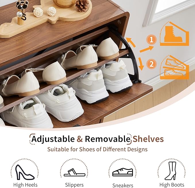 Turtle&Myrtle Modern Shoe Storage Cabinet for Entryway, Narrow Shoe Organizer Cabinet, 2-Tier Flip Down Drawers, Small Freestanding Hidden Wood Slim Shoe Rack,Round Fluted Pattern (Walnut)