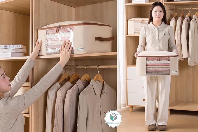 Canvas Storage Bags Designer Organizer for Comforters 2 Pack – Seasonal Storage for Pillows, Blankets, Linens & Garments – Foldable Design with Zip & Window, Moth-Proof Space Saver
