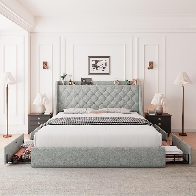 Feonase Queen Size Bed Frame with 4 Storage Drawers, Upholstered Storage Bed with Charging Station, Tufted Wingback Headboard, No Box Spring Needed, Light Grey, FEO737