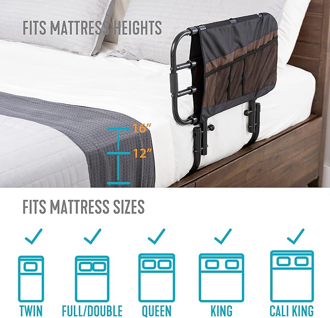Stander EZ Adjust Bed Rail, Adjustable Senior Bedrail and Safety Assist Railing for Elderly Adults with Organizer Pouch, ASTM Safety Approved Guard-Rail, Black