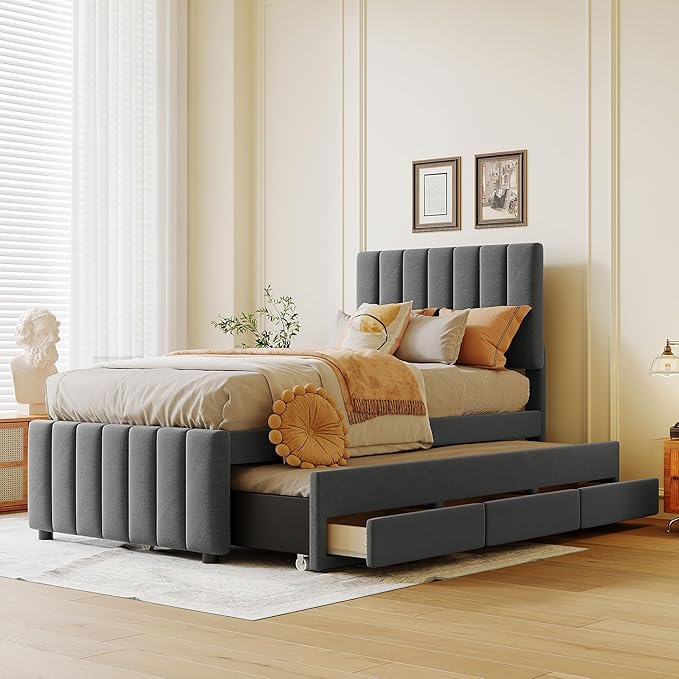 Twin Size Bed Frame with Trundle Bed and Storage Drawers,Linen Upholstered Bed Frame,Twin Size Trundle Bed with Adjustable Headboard,Upholstered Platform Bed Twin for Kids Teens Adults,Gray