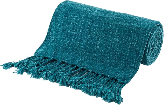 BATTILO HOME Teal Blue Throw Blanket for Couch, Bed, Sofa - Soft Cozy Chenille Throw Blanket with Fringe Tassels, Lightweight Turquoise Green Knit Throw for Home Decor, 50"x60"