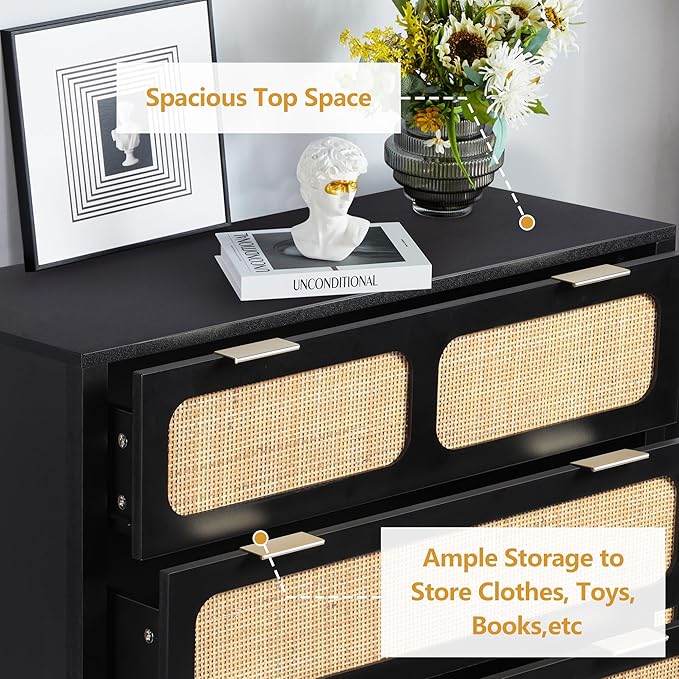 LEVNARY 5 Drawer Chest Dresser, Rattan Tall Dresser 5 Chest of Drawers Dressers for Bedroom, Wooden Storage Cane Cabinet with Metal Handles for Living Room Hallway (Black)