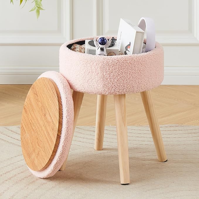 Mxfurhawa Storage Ottoman Foot Stool Teddy Velvet Round Vanity Stool Tray Top Footstool with Wood Legs Upholstered Foot Rest Ottoman for Living Room, Bathroom, Makeup (Pink)