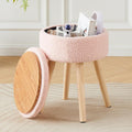 Mxfurhawa Storage Ottoman Foot Stool Teddy Velvet Round Vanity Stool Tray Top Footstool with Wood Legs Upholstered Foot Rest Ottoman for Living Room, Bathroom, Makeup (Pink)