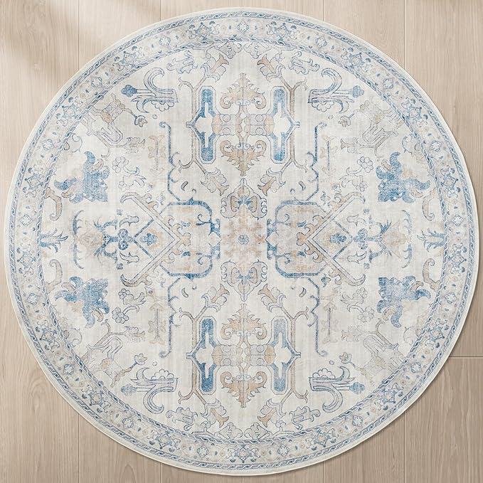 jinchan Round Rug 8ft Area Rug Vintage Floor Mat Kitchen Indoor Ultra-Thin Soft Floral Print Washable Circle 8' Accent for Farmhouse Non Slip Dining Room Living Room Bedroom Office Blue